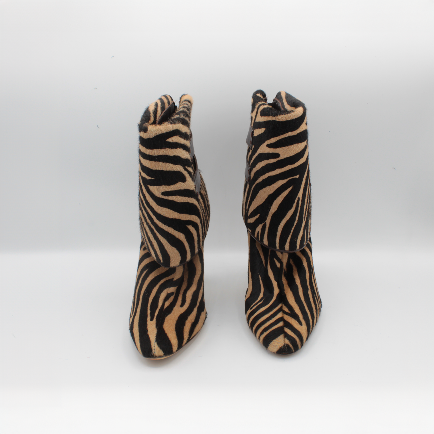 Manolo Blahnik Zebra Print Pony Hair Ankle Boot Heels Size 37