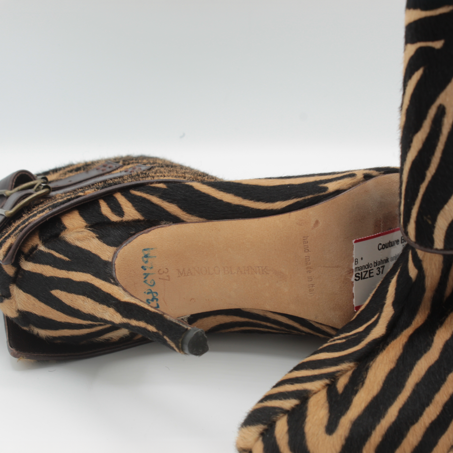Manolo Blahnik Zebra Print Pony Hair Ankle Boot Heels Size 37